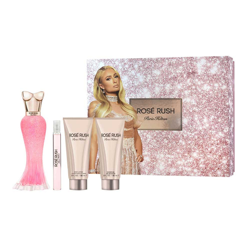 Rosé Rush by Paris Hilton SET 4 Piezas Dama EDP 100 ml + Crema P/Cuerpo 90 ml + Gel De Ducha + Mini 10ml